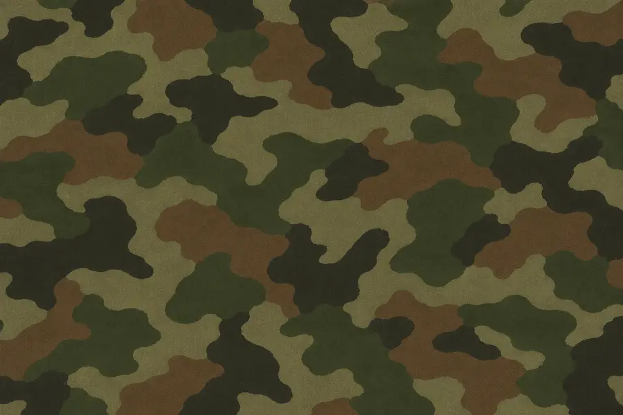 Tissu au motif CE : larges taches vert olive, brun et noir sur fond kaki clair.