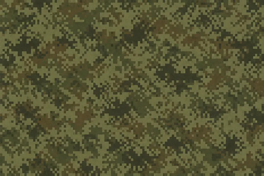 Tissu au motif numérique : pixels carrés vert olive, brun et noir en damier serré.