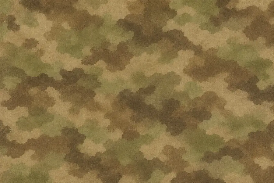 Tissu au motif Multicam : beiges, verts tendres et bruns fondus les uns dans les autres, sans contour net.
