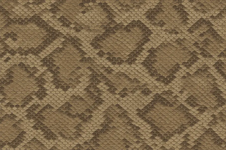 Tissu au motif peau de python : écailles beiges et brunes en rangées serrées.