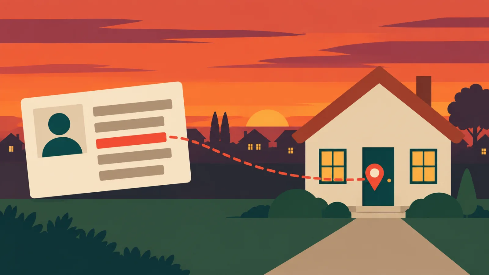 Illustration : une fiche d'identité reliée par un trait pointillé à la porte d'une maison, au coucher du soleil.