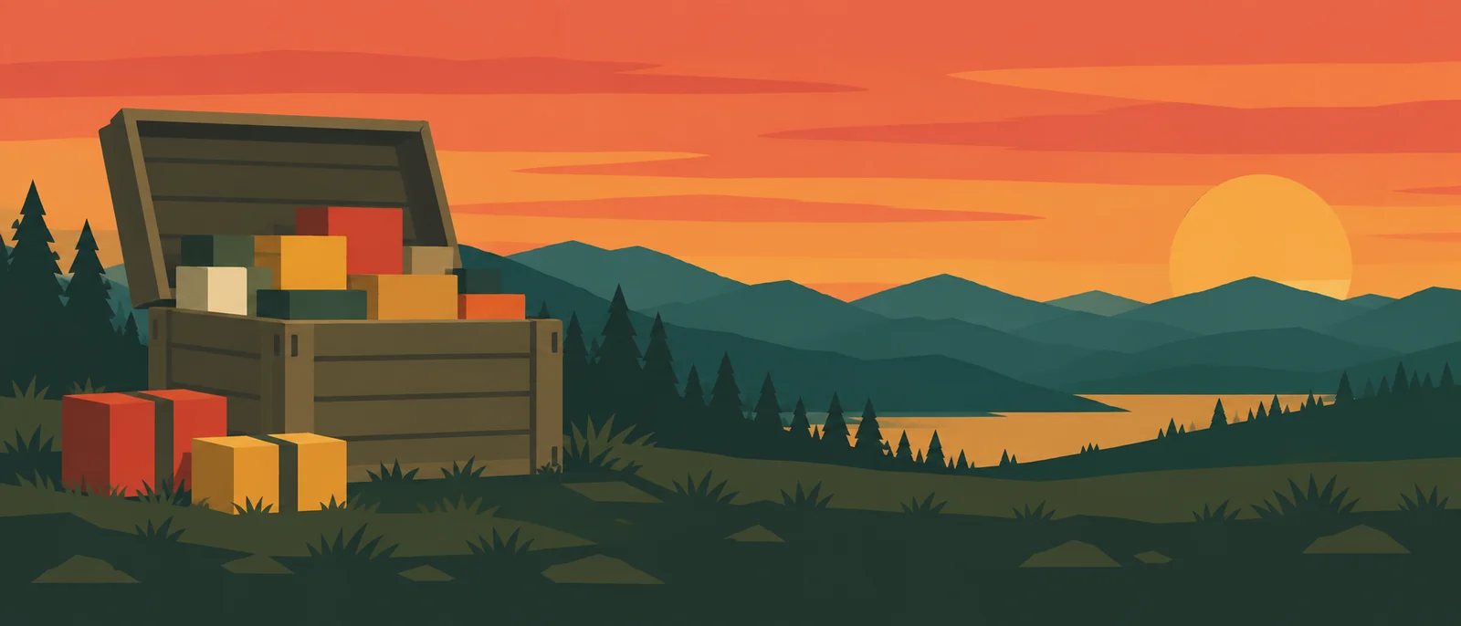 Illustration d’une caisse en bois débordant de colis colorés, devant un lac au coucher du soleil