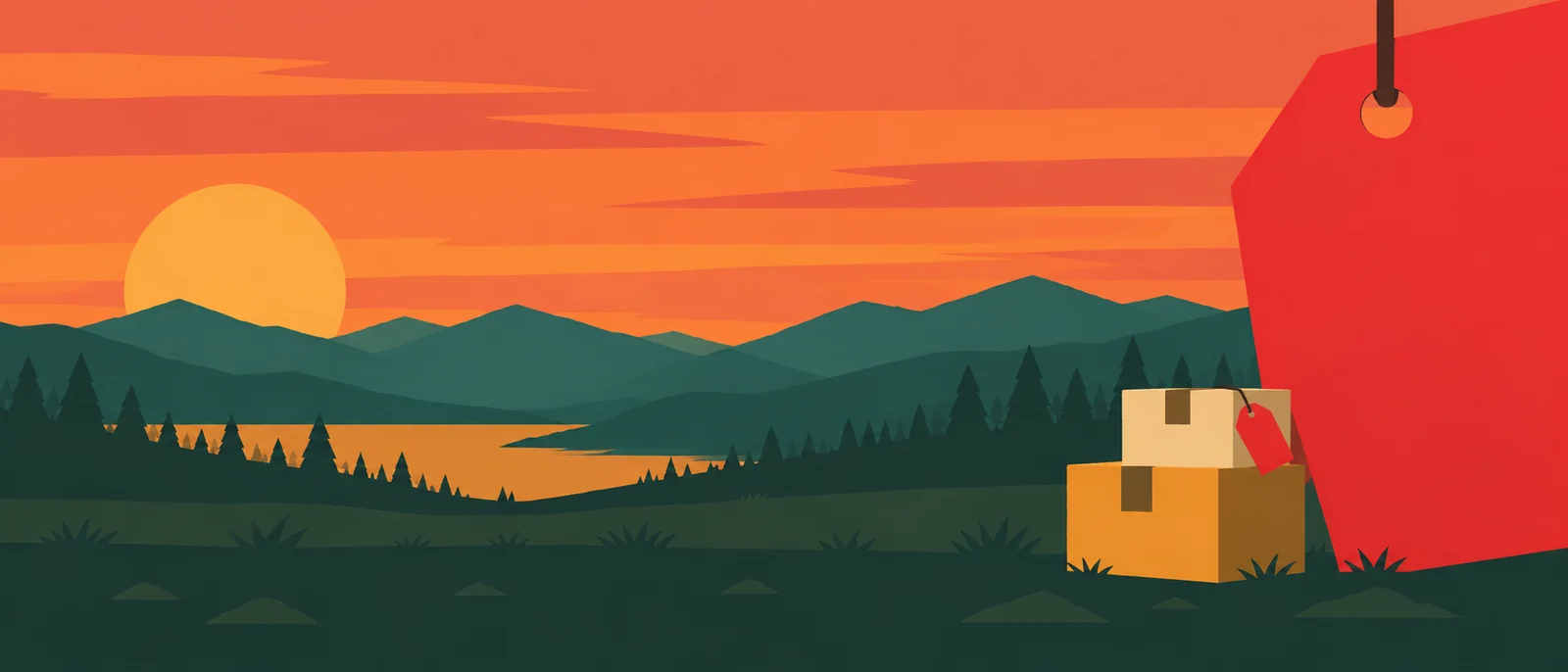 Illustration d’une étiquette de prix rouge et de colis empilés, devant un lac au coucher du soleil