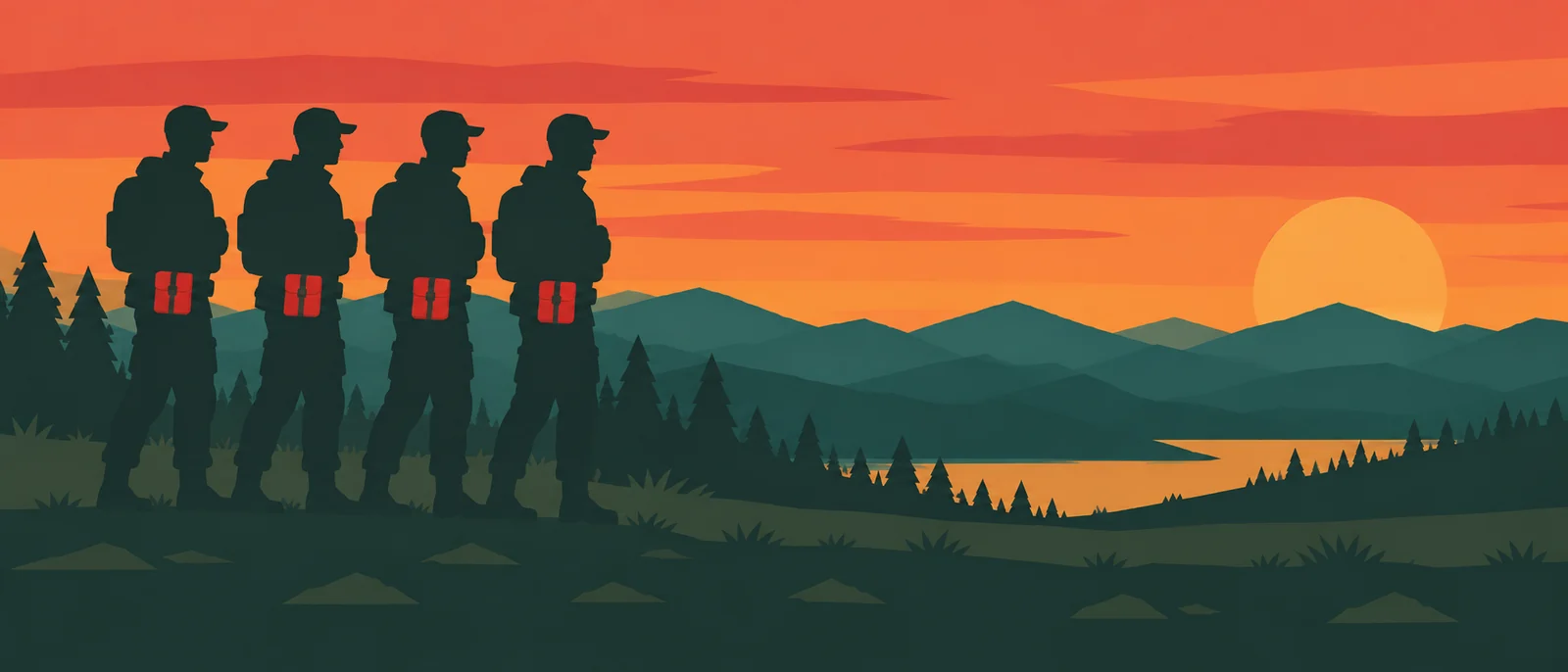 Illustration de quatre randonneurs en file devant un lac au coucher du soleil